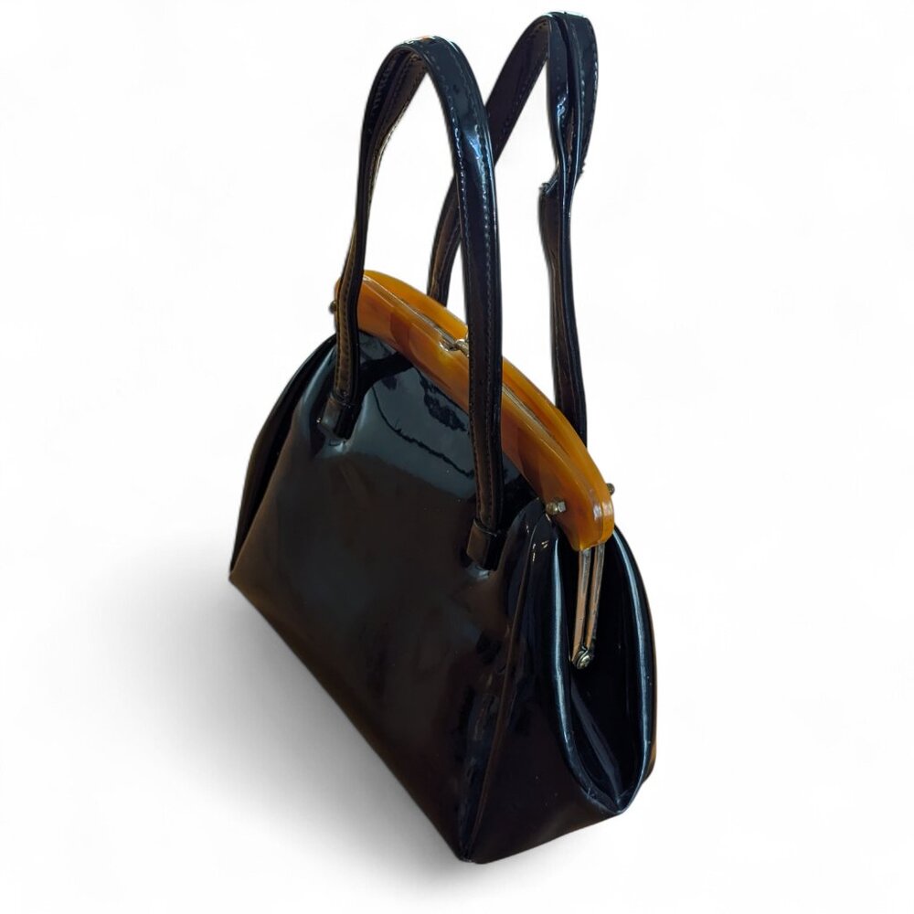 Vintage 1950s/60s Black Patent Leather Handbag with Lucite Handle - Picture 3 of 8